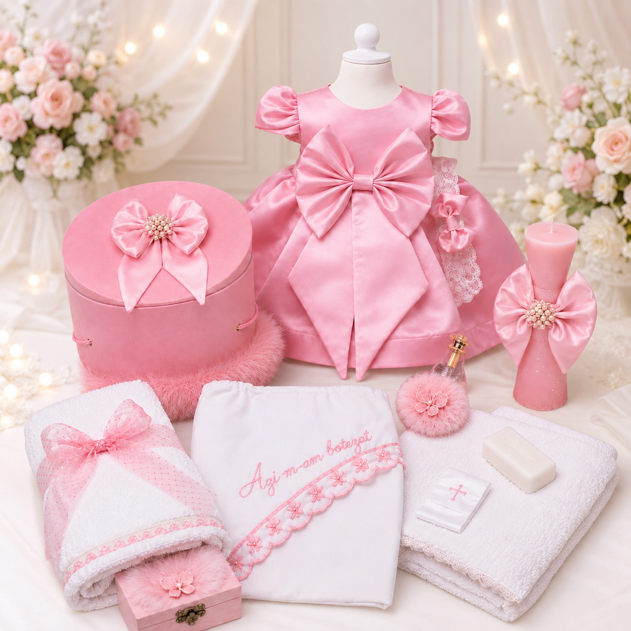 Set botez fetita roz cu funda- Trusou+ lumânare+ rochita
