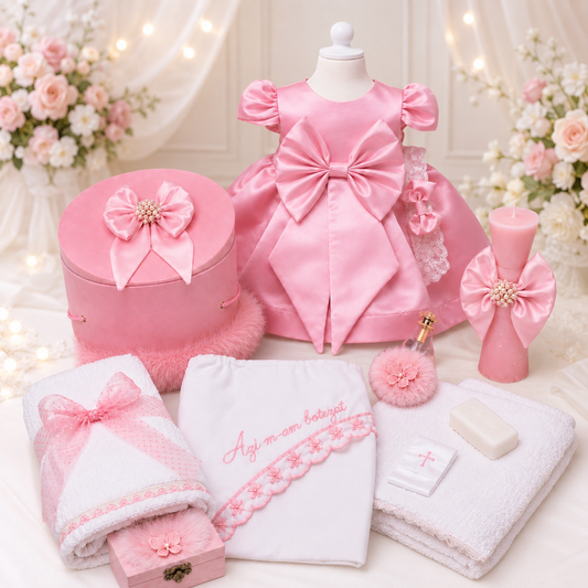 Set botez fetita roz cu funda- Trusou+ lumânare+ rochita