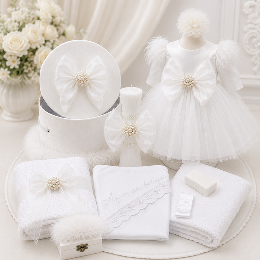 Set botez fetita alb cu funda tulle-Trusou+ lumânare+ rochita