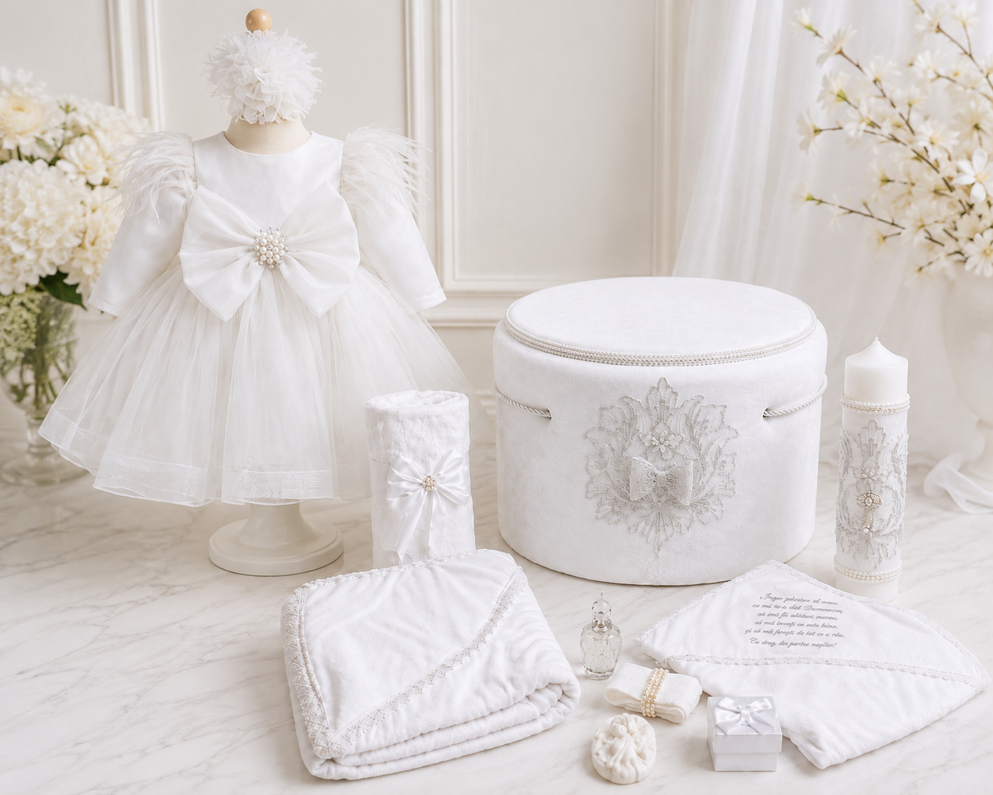 Set botez alb cu fundita tull -Trusou+ Cutie+ lumânare+ rochita