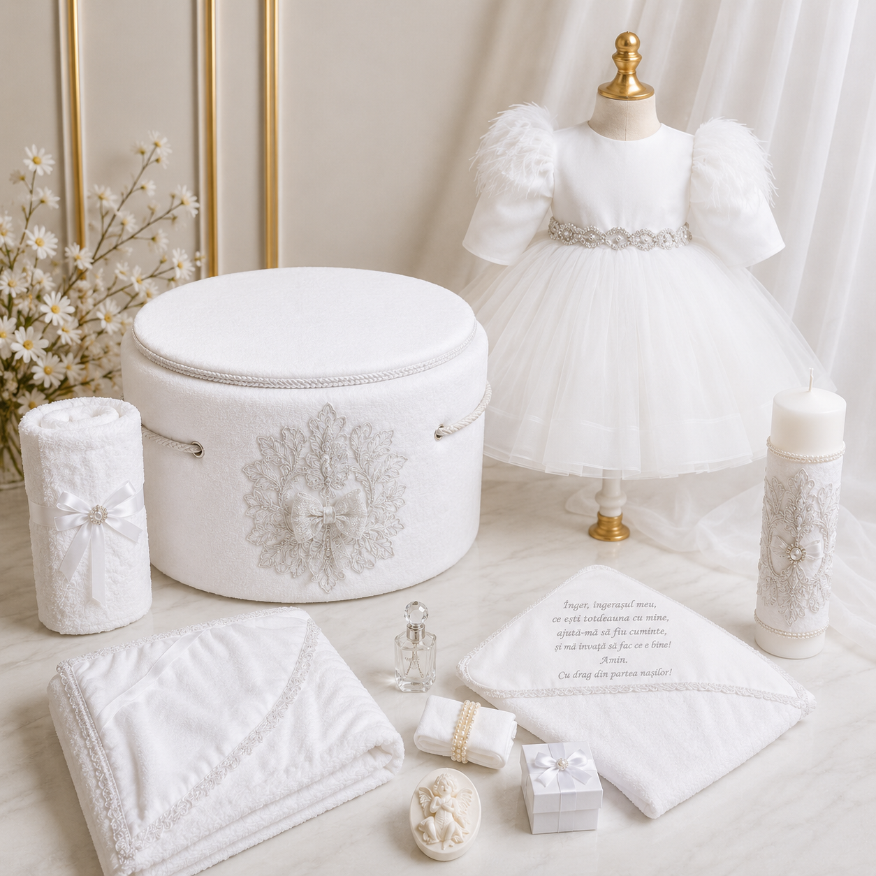 Set botez alb  -Trusou+ Cutie+ lumânare+ rochita
