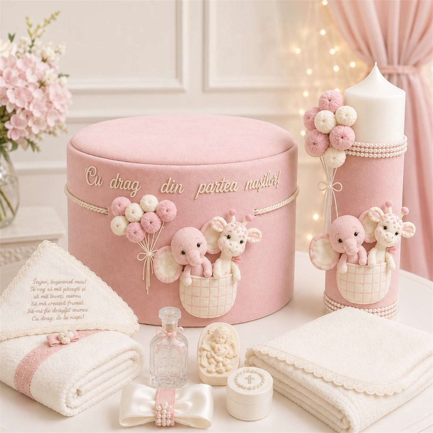 Set botez tematica Dior jungla  fetru roz -Trusou catifea + lumânare