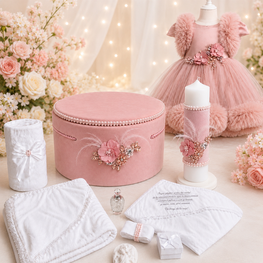 Set botez fetita roz pudra floricele  -Trusou+ Cutie+ lumânare+ rochita