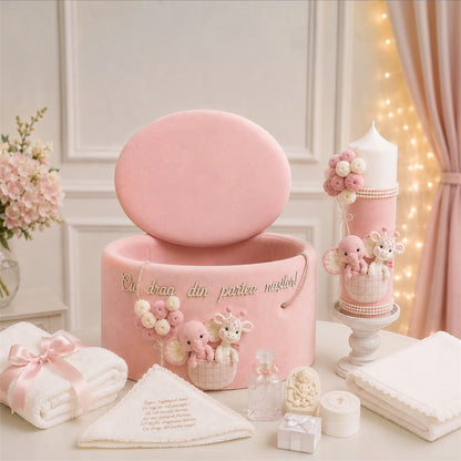 Set botez tematica Dior jungla  fetru roz -Trusou catifea + lumânare