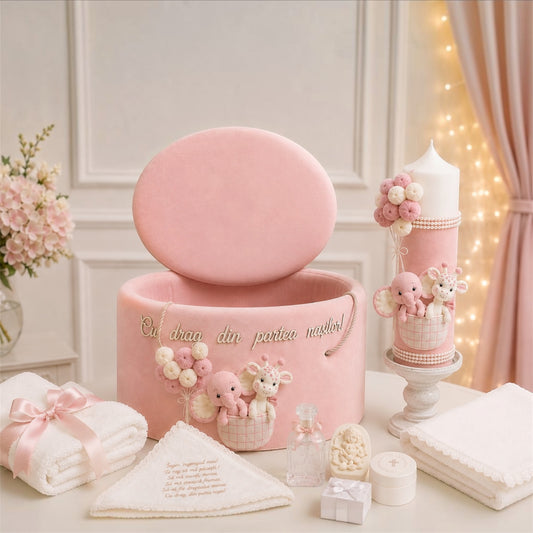 Set botez tematica Dior jungla  fetru roz -Trusou catifea + lumânare