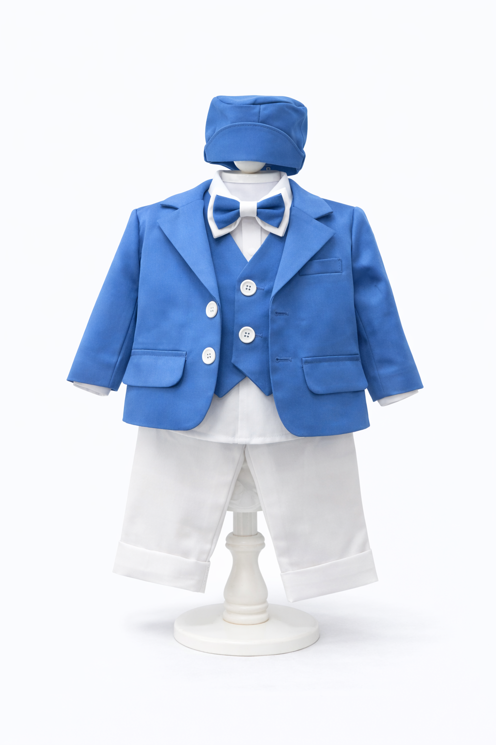 Costum albastru pentru Botez, Sacou, Pantaloni, Vesta, Camasa, Caciulita, Papion