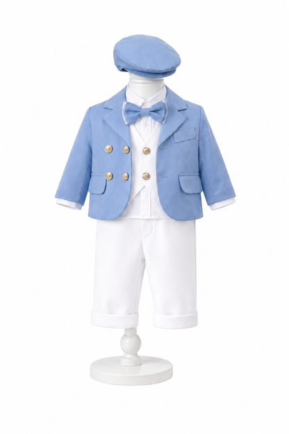 Costum bebe albastru si alb 6 piese