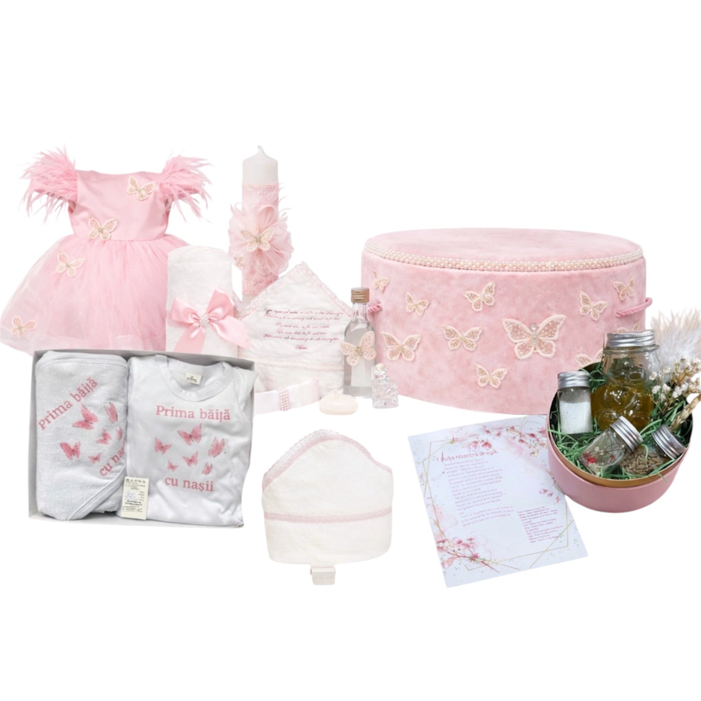 Set botez roz cu  fluturi + baita