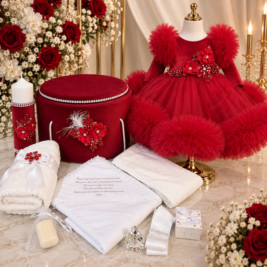 Set botez fetita rosu cu  floricele  -Trusou+ Cutie+ lumânare+ rochita