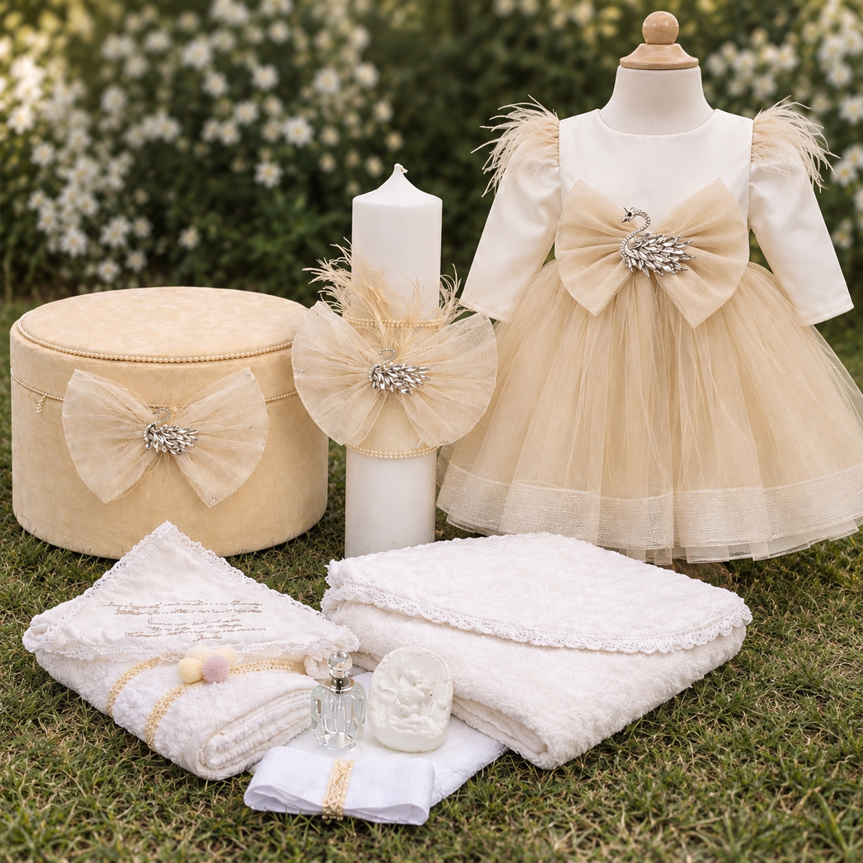 Set botez fetita lebada crem ( Trusou+ Cufăr+ Lumânare+ Rochița)