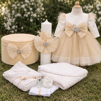Set botez fetita lebada crem ( Trusou+ Cufăr+ Lumânare+ Rochița)