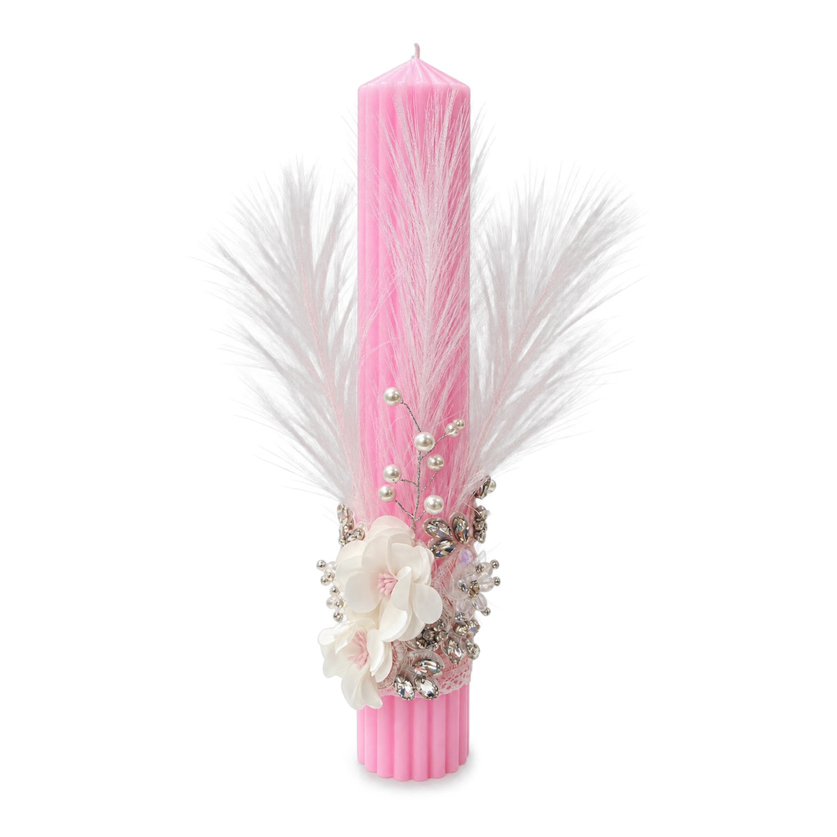 Lumânare cu floricele din cristal roz si pene
