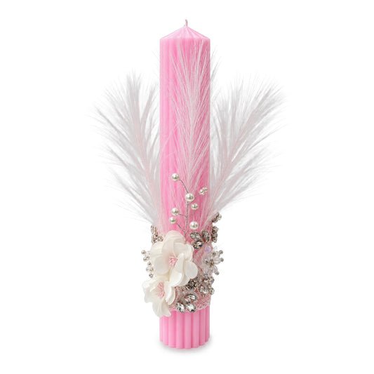 Lumânare botez /cununie cu floricele din cristal roz si pene