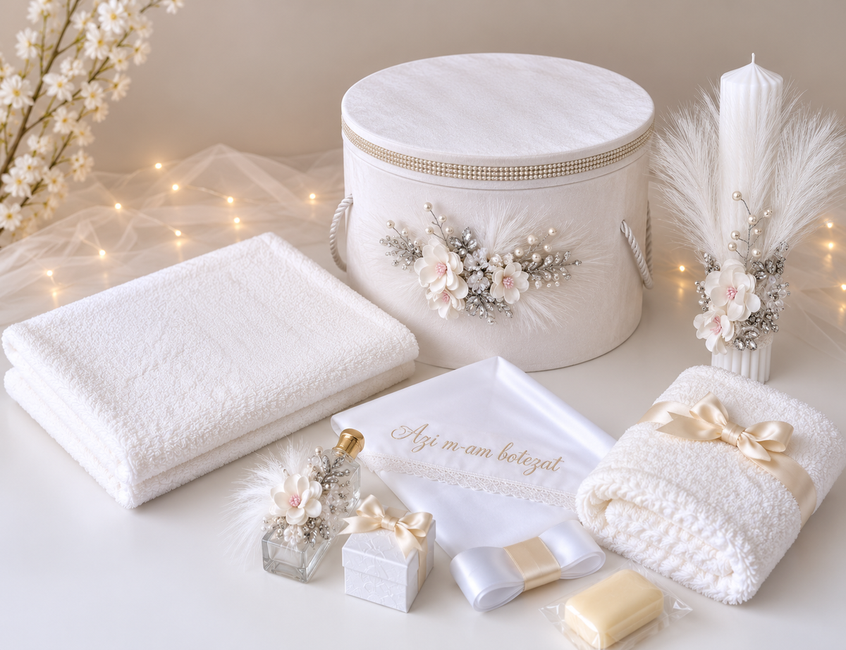 Set botez alb floricele (trusou + cutie + lumânare)