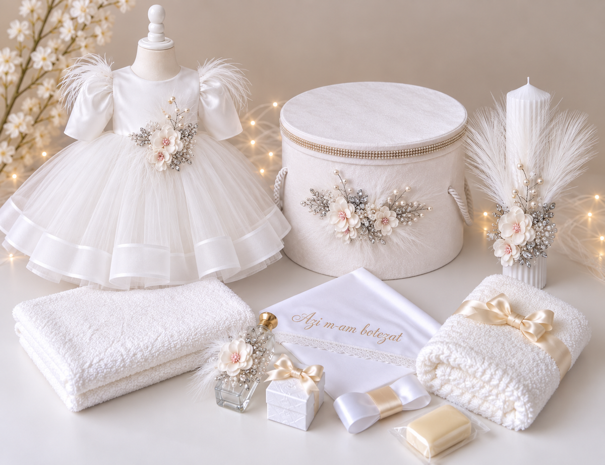 Set botez fetita flori albe ( Trusou+ Cufăr+ Lumânare+ Rochița)
