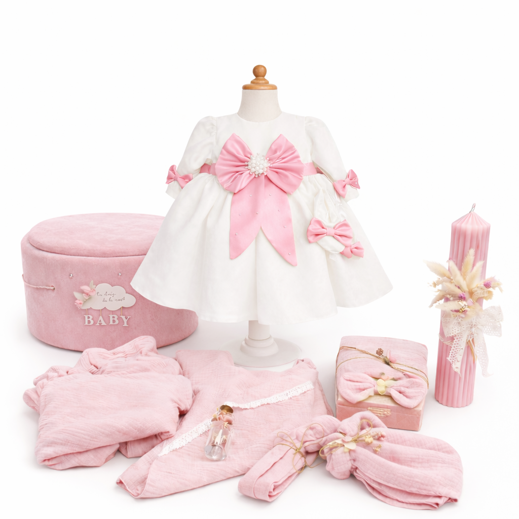 Set botez fata muselina cufar roz +lumânare