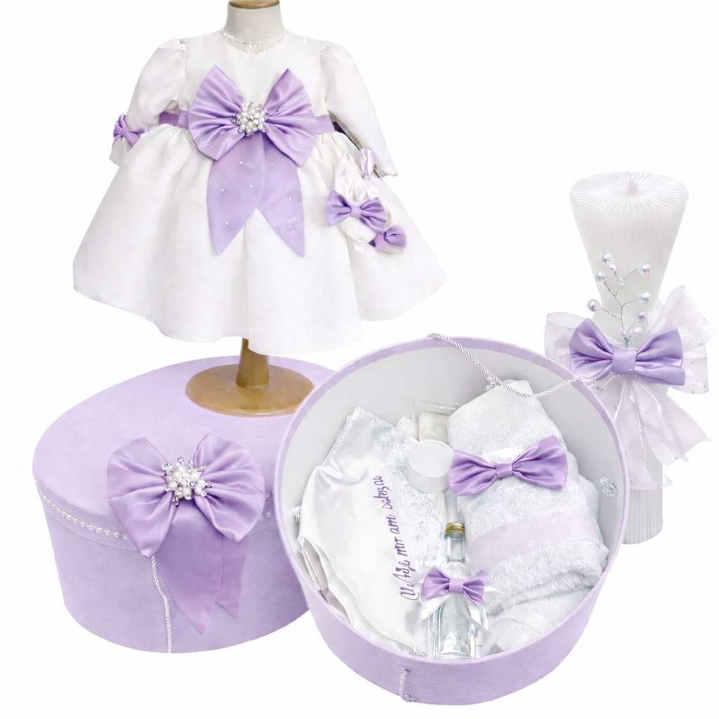 Set botez fetita cu rochie mov