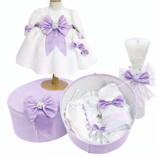 Set botez fetita cu rochie mov