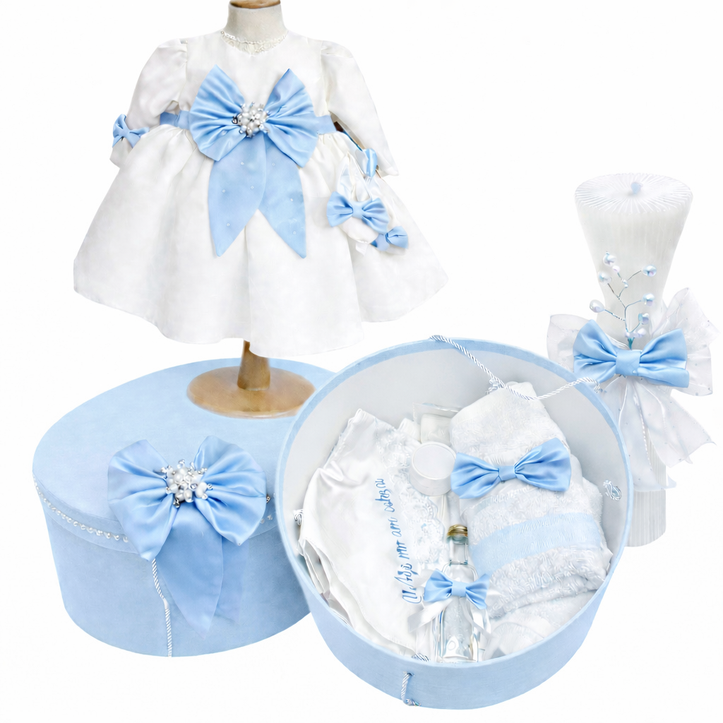 Set botez fetita cu rochie albastra