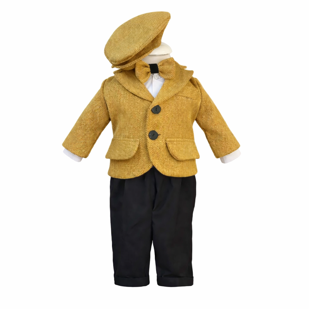 Costum Muștar pentru Botez, 6 Piese, Sacou, Pantaloni, Vesta, Camasa, Caciulita, Papion