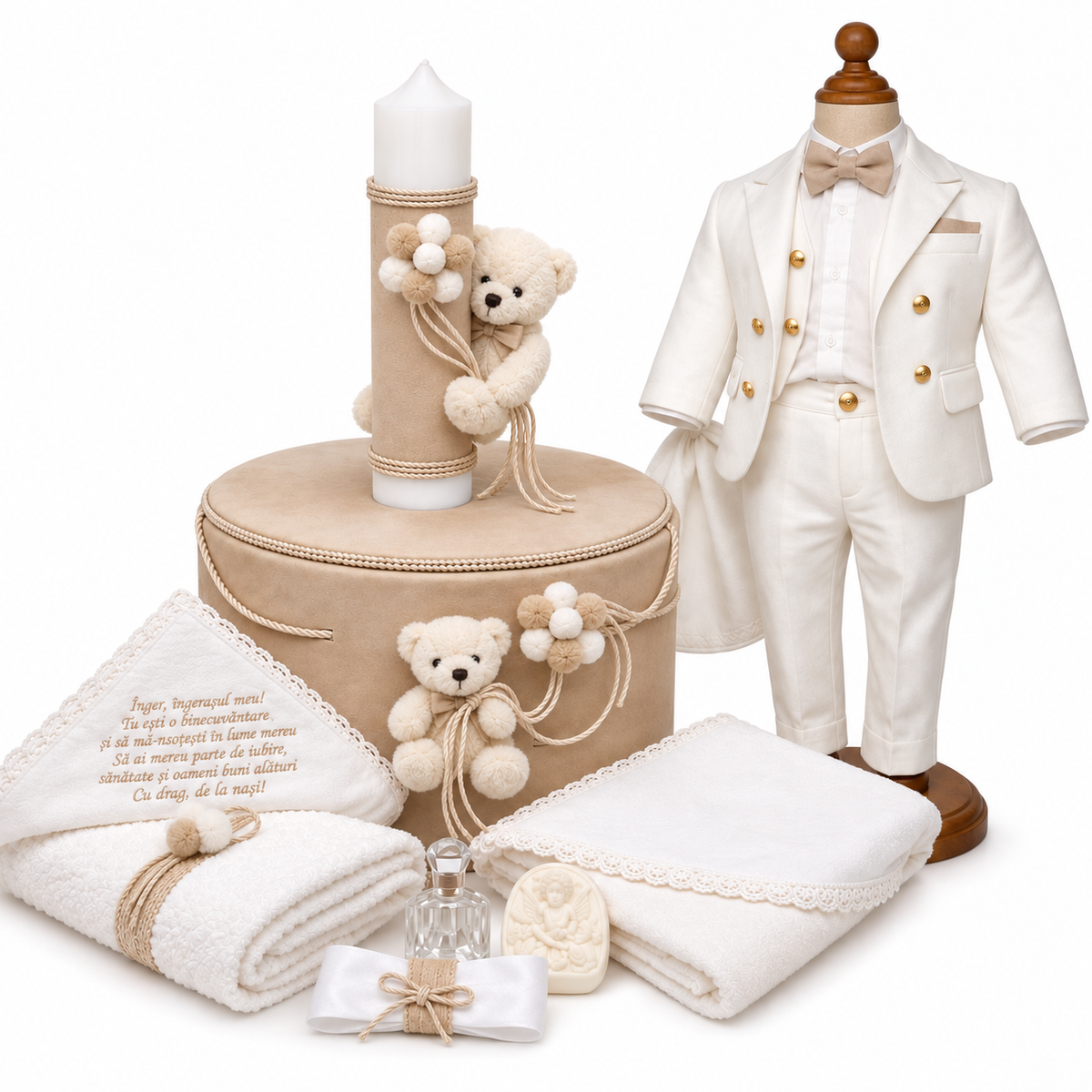 Set botez băiețel crem/ alb cu ursuleț ( Costum, Trusou,Lumânare) 2