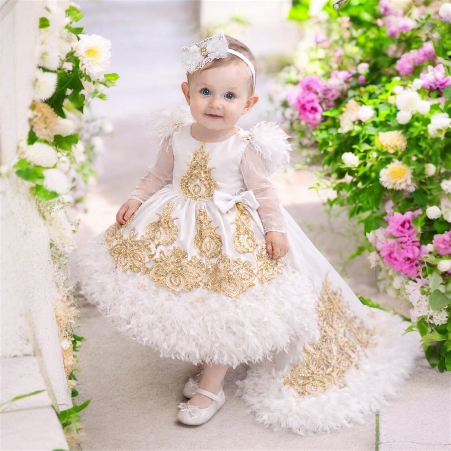 Rochie alba cu dantela aurie trena detasabila botez
