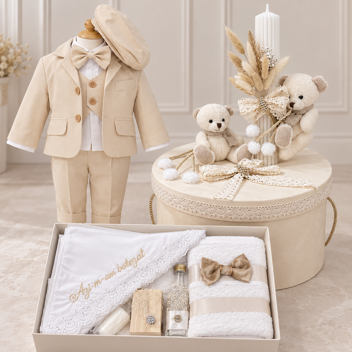 Set botez băiețel crem urs( Trusou+ lumânare+ Costum)