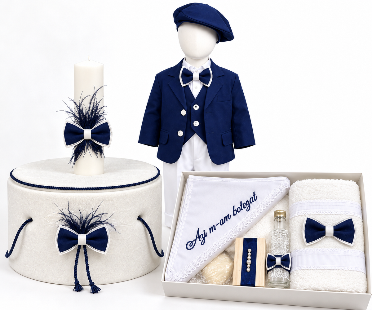 Set botez băiețel bleumarin( Trusou+ lumânare+ Costum)