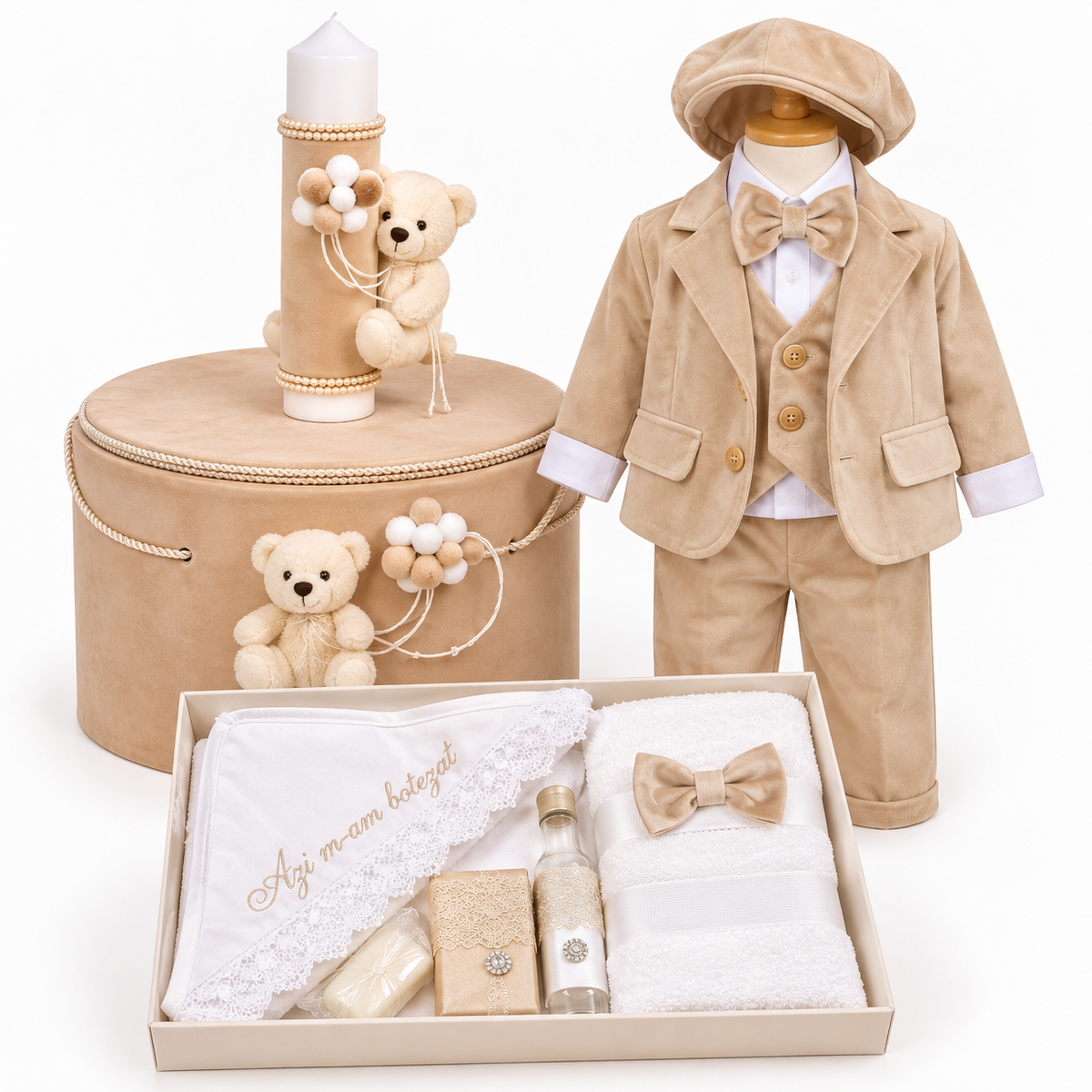 Set botez băiețel urs crem( Trusou+ lumânare+ Costum )