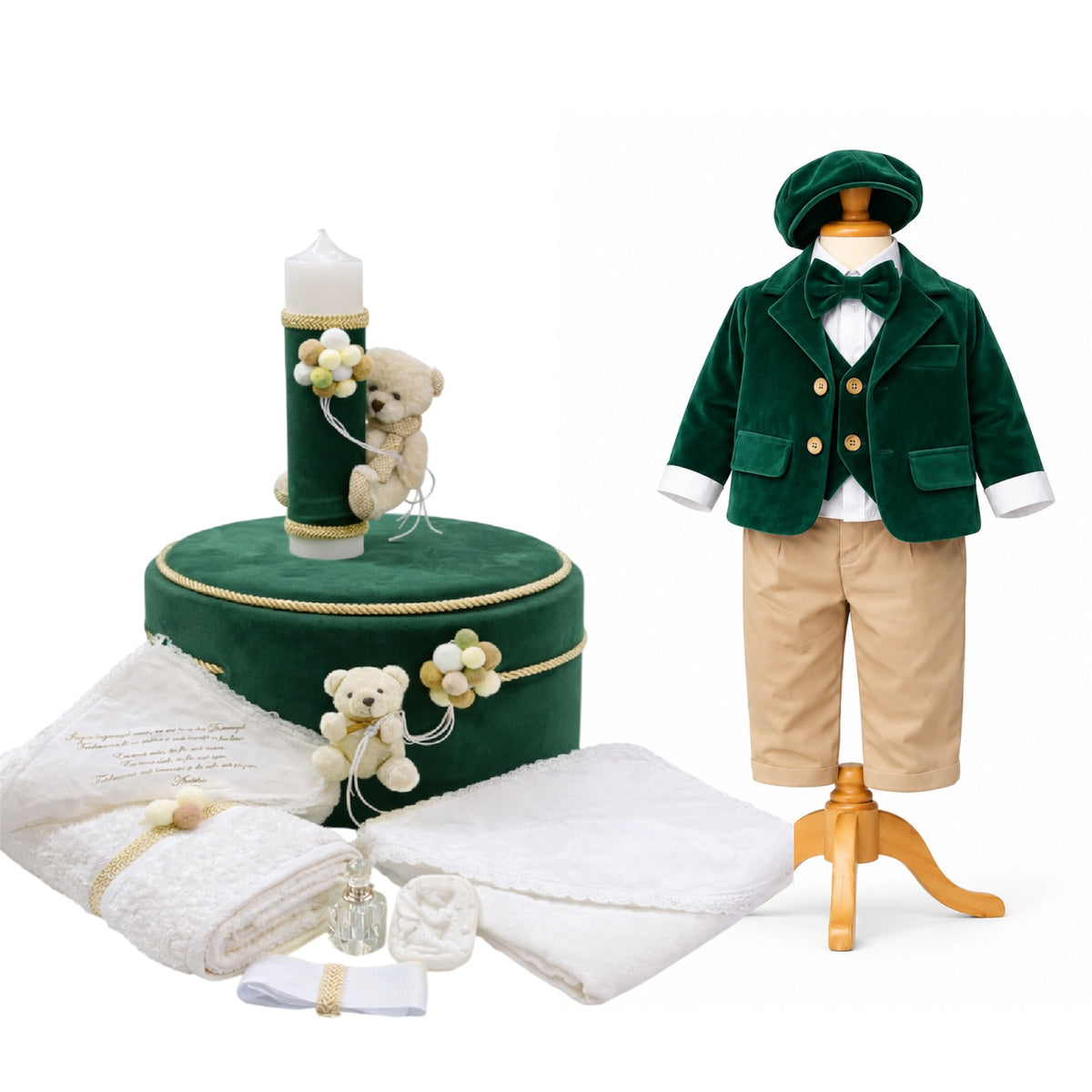 Set botez băiețel verde ursuleț cu baloane( Trusou+ lumânare+ Costum catifea)