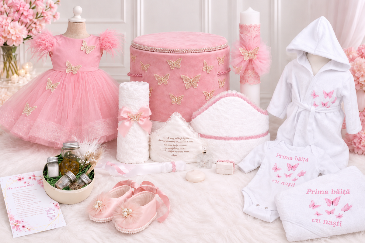 Set botez fetita roz fluturași  -( Cutie+ trusou+ Lumânare+ mirodenii de a 2 zi+ set a 2a zi)