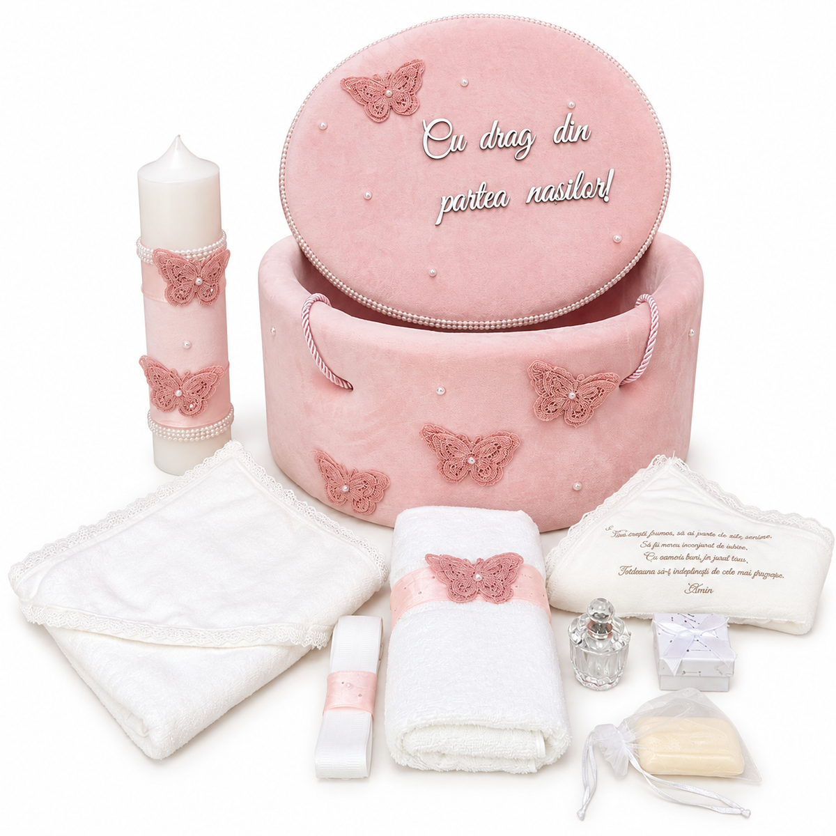 Set botez fetita roz pudra Fluturași ( Trusou + Cutie+Lumânare) (Copy)