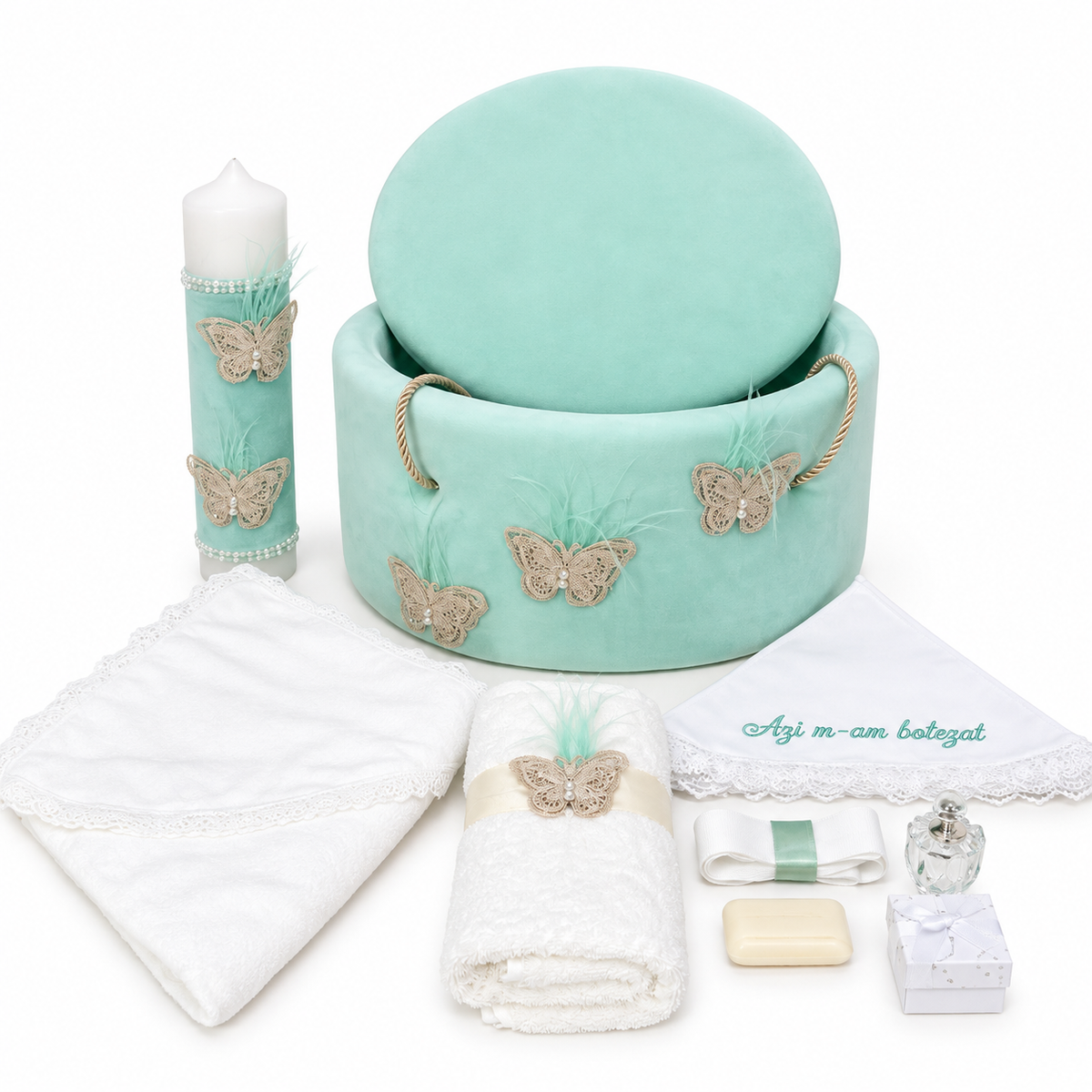 Set botez fetita menta cu Fluturași ( Trusou + Cutie+Lumânare) (Copy 2)