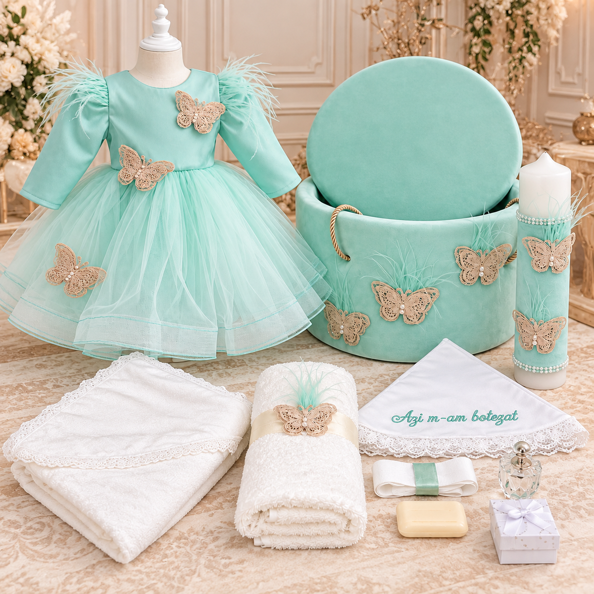 Set botez fetita menta cu fluturasi -Trusou+ Cutie+ lumânare+ rochita