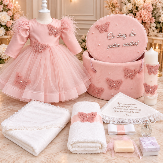 Set botez fetita roz pudra cu fluturasi -Trusou+ Cutie+ lumânare+ rochita