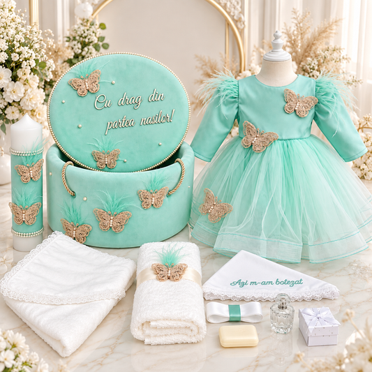 Set botez fetita menta cu fluturasi -Trusou+ Cutie+ lumânare+ rochita