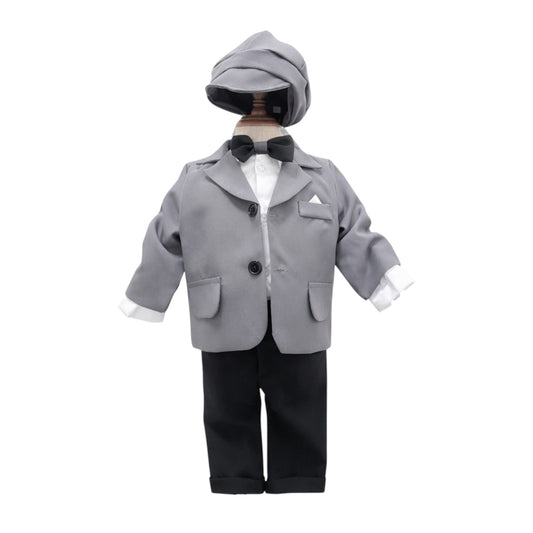 Costum gri pentru Botez, 5 Piese, Sacou, Pantaloni, Camasa, Caciulita, Papion