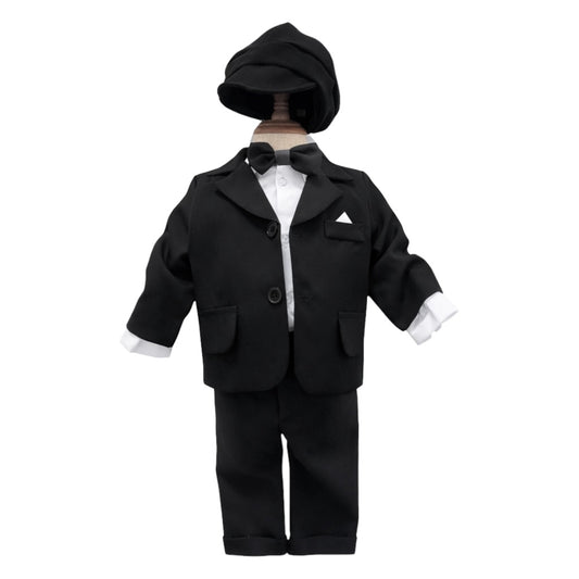 Costum negru pentru Botez, 5 Piese, Sacou, Pantaloni, Camasa, Caciulita, Papion