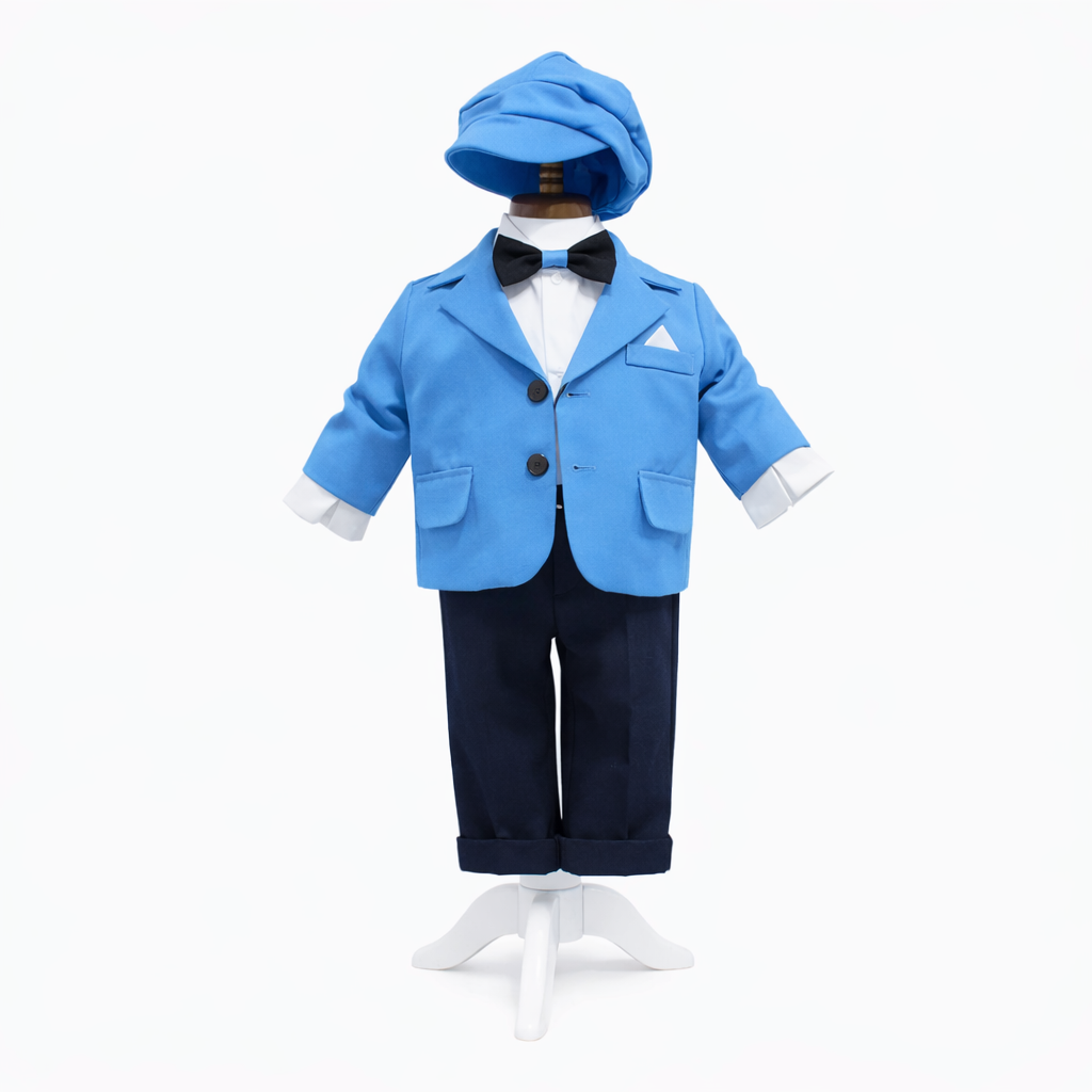 Costum Albastru pentru Botez, 5 Piese, Sacou, Pantaloni, Camasa, Caciulita, Papion
