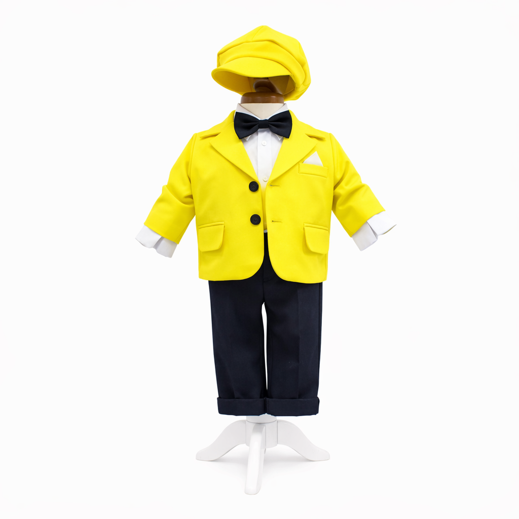 Costum Galben pentru Botez, 5 Piese, Sacou, Pantaloni, Camasa, Caciulita, Papion