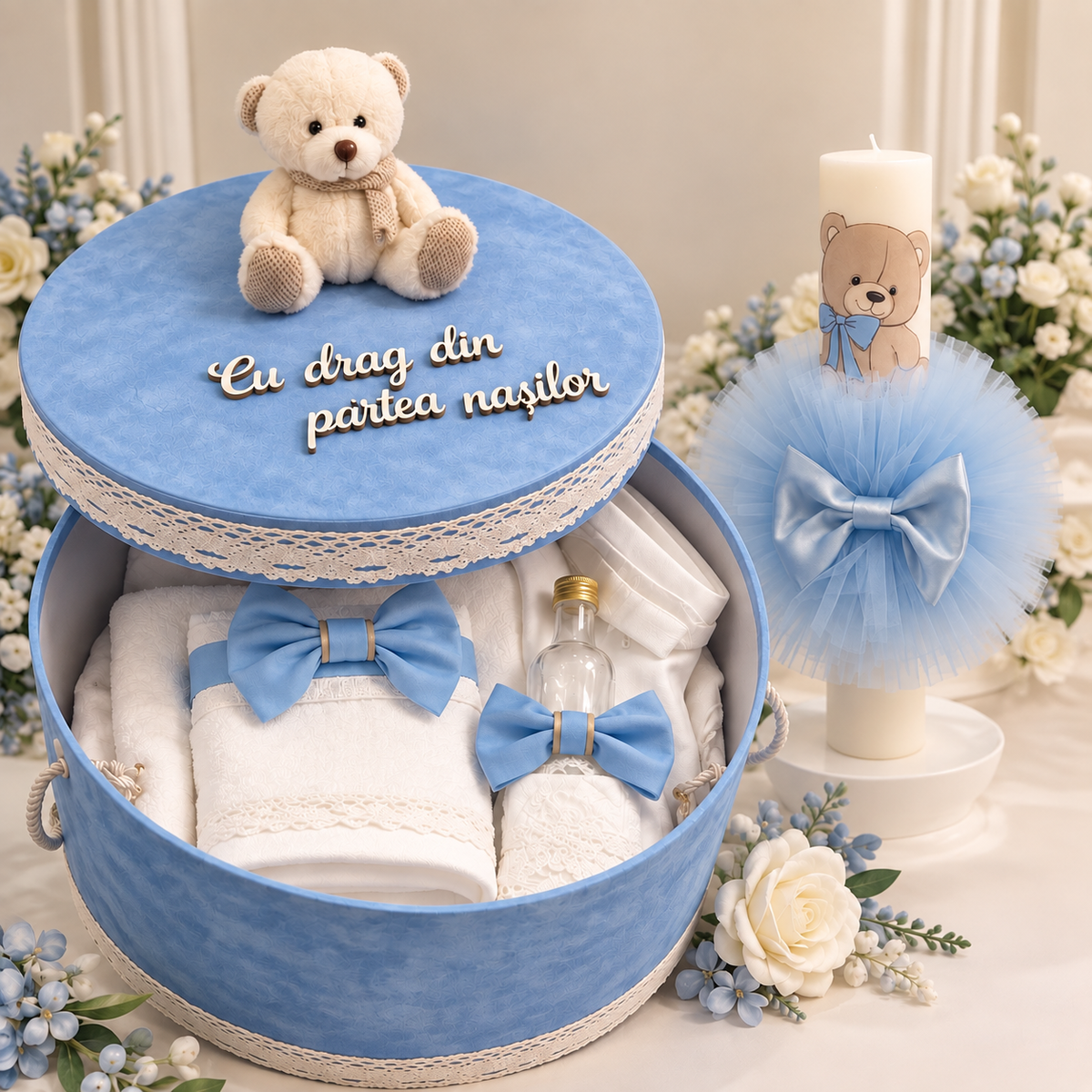 Set botez baby blue ursulet (trusou + cutie + lumânare)