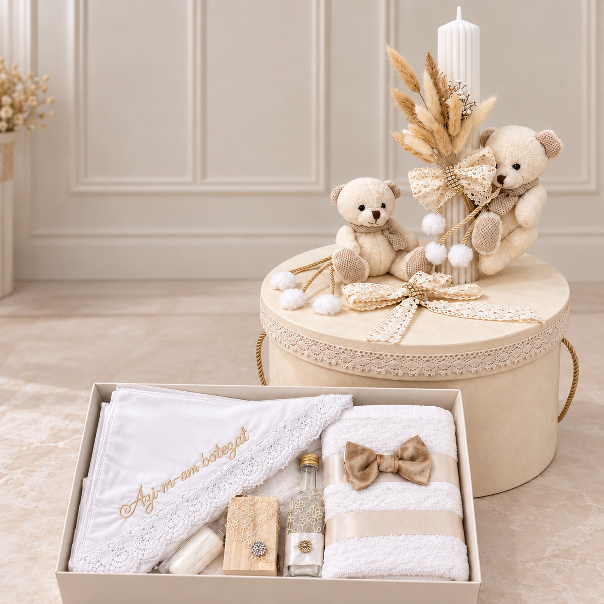 Set botez crem ursulet (trusou + cutie + lumânare)