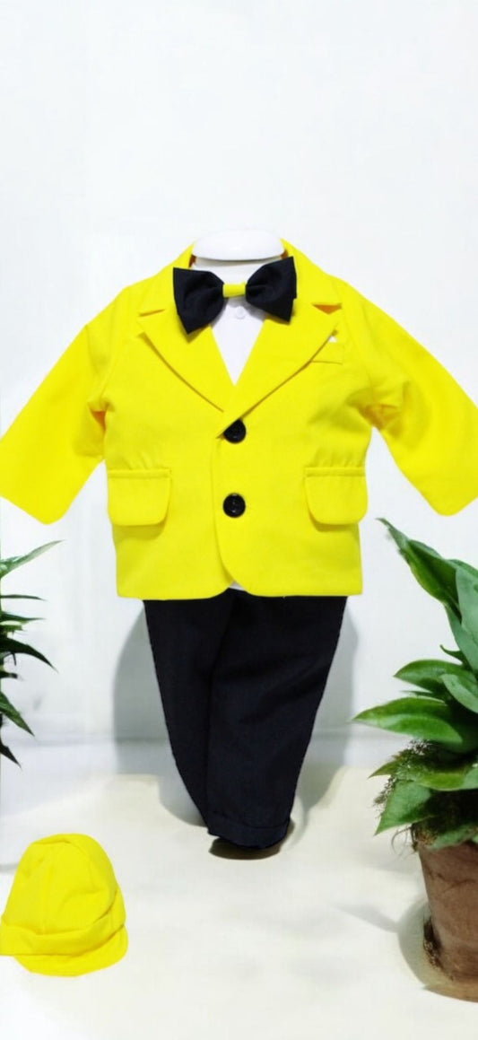 Costum Galben pentru Botez, 5 Piese, Sacou, Pantaloni, Camasa, Caciulita, Papion