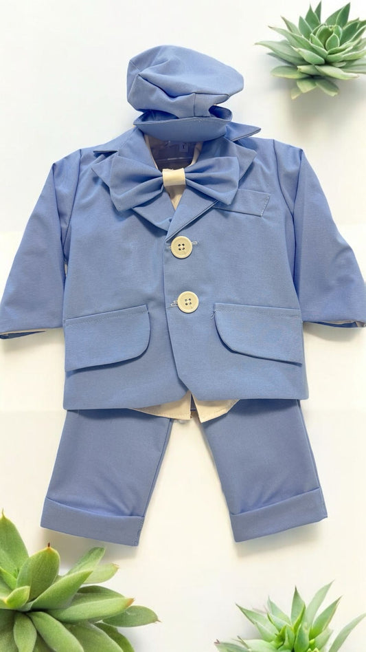 Costum Albastru pentru Botez, 6 Piese, Sacou, Pantaloni, Vesta, Camasa, Caciulita, Papion