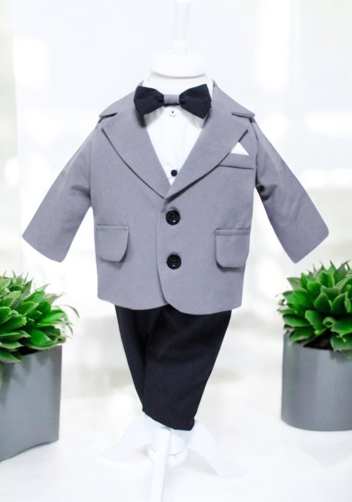Costum Albastru pentru Botez, 5 Piese, Sacou, Pantaloni, Camasa, Caciulita, Papion