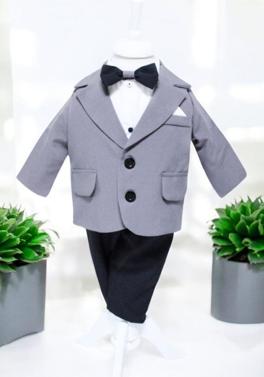 Costum Albastru pentru Botez, 5 Piese, Sacou, Pantaloni, Camasa, Caciulita, Papion