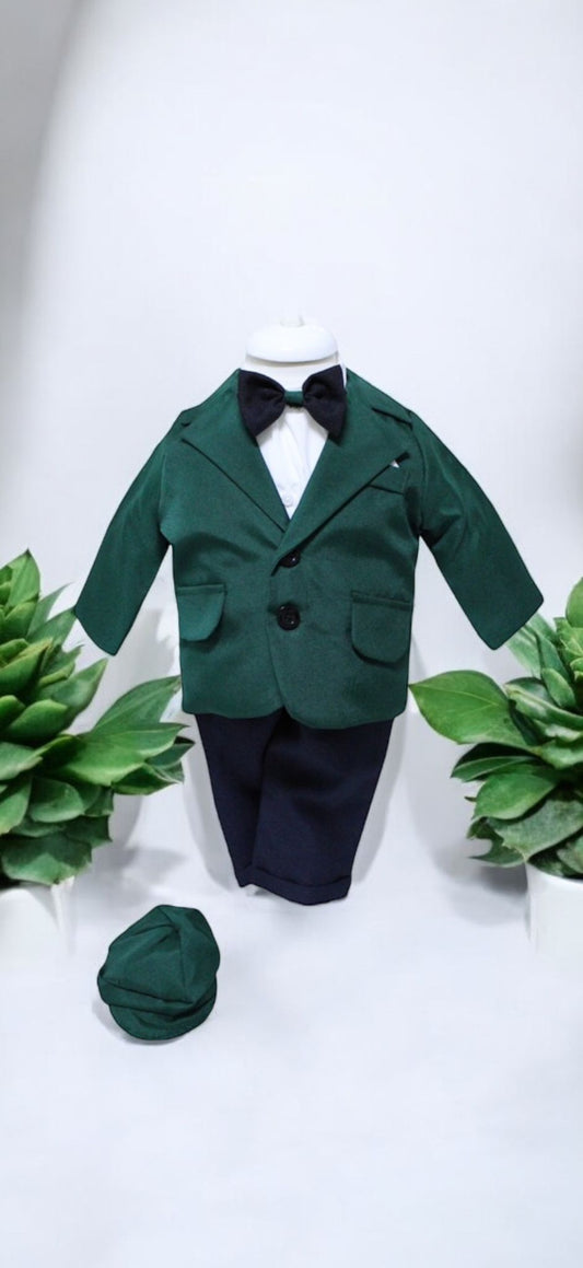 Costum Verde pentru Botez, 5 Piese, Sacou, Pantaloni, Camasa, Caciulita, Papion
