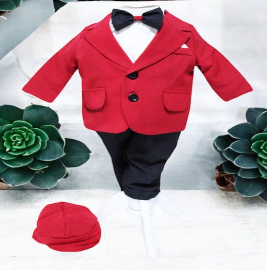 Costum Rosu pentru Botez, 5 Piese, Sacou, Pantaloni, Camasa, Caciulita, Papion
