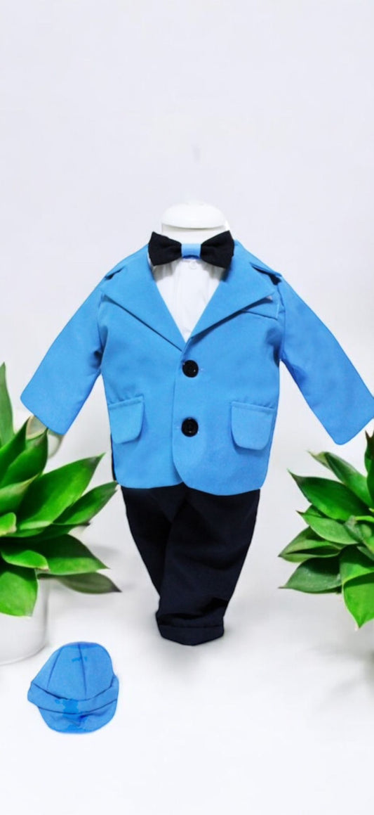Costum Albastru pentru Botez, 5 Piese, Sacou, Pantaloni, Camasa, Caciulita, Papion