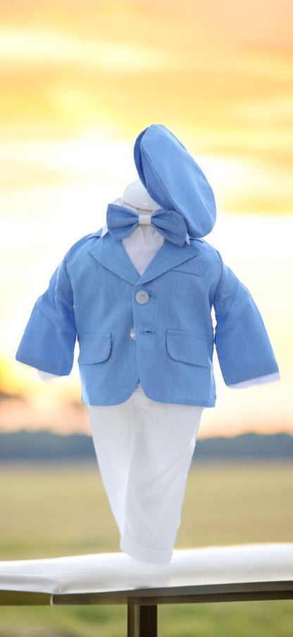 Costum Albastru pentru Botez, 6 Piese, Sacou, Pantaloni, Vesta, Camasa, Caciulita, Papion
